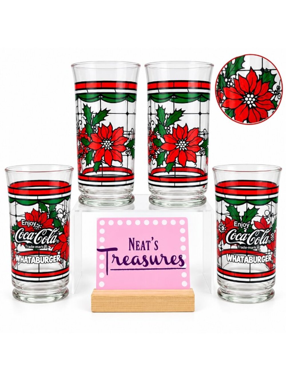 80's Whataburger CHRISTMAS ENJOY COCA-COLA Stain Glass Tumbler Glasses Set 4